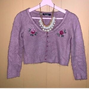 Vintage Y2K Betsey Johnson lavender fluffy angora cropped cardigan M